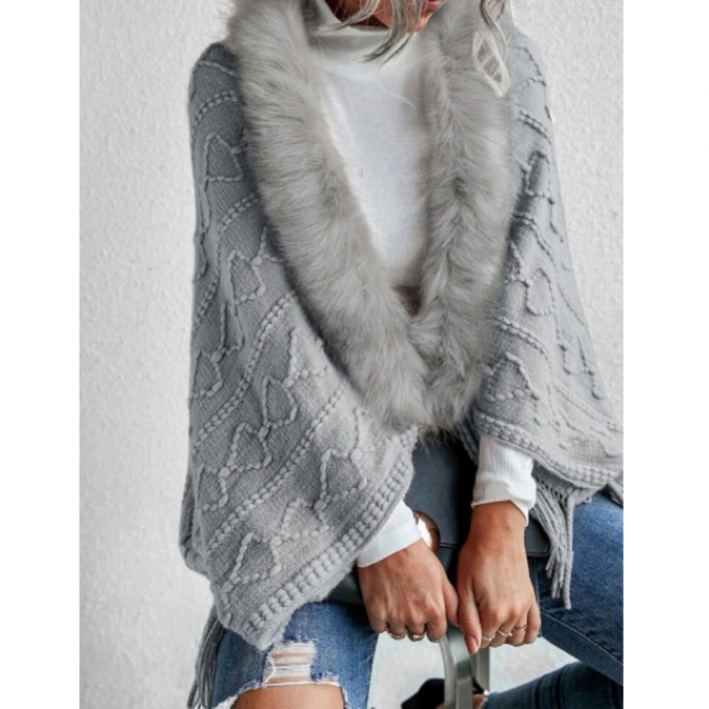 Boho vegan fur sweater cardigan open poncho - Picture 6 of 16